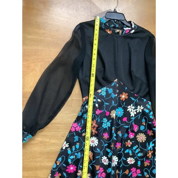 Sears Fashions 1970s Dress Maxi Black Floral Sheer Sleeve High Neck 14 Vintage - Picture 4 of 8
